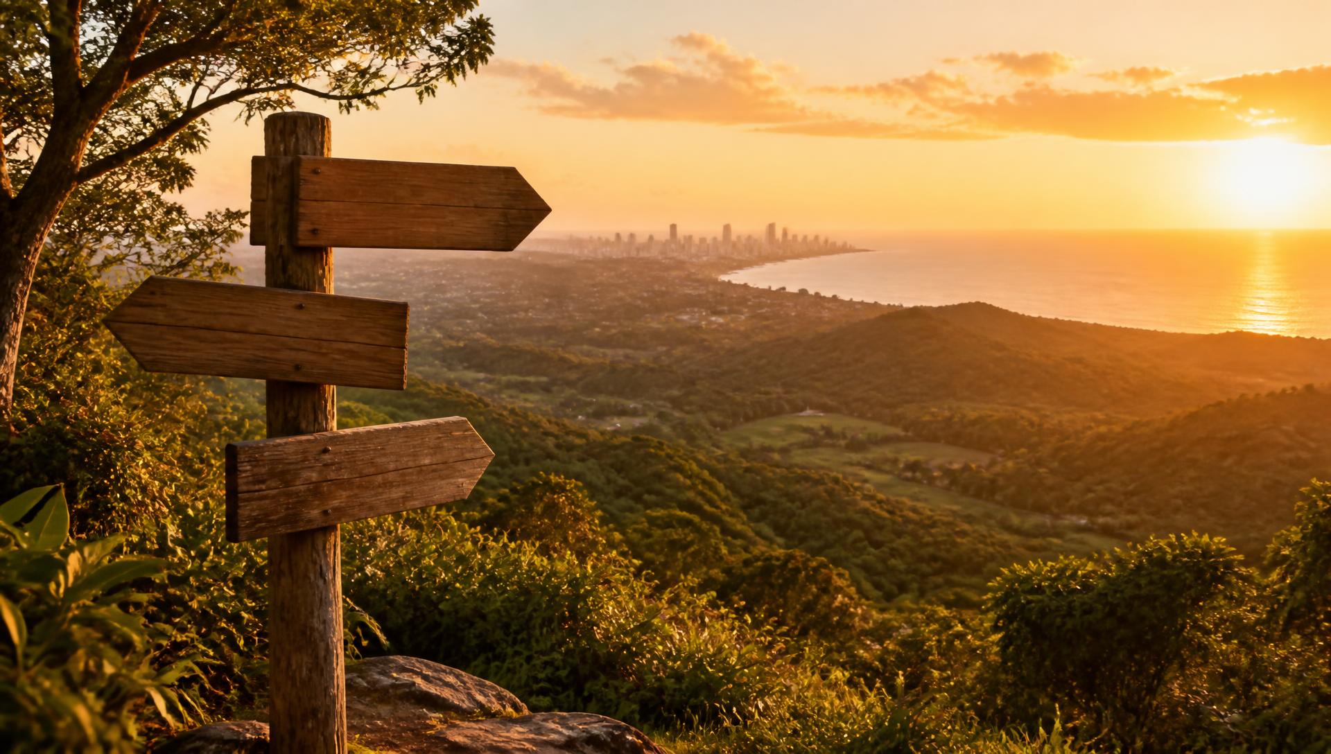 Gold Coast coastal overlook with wooden signpost at sunset