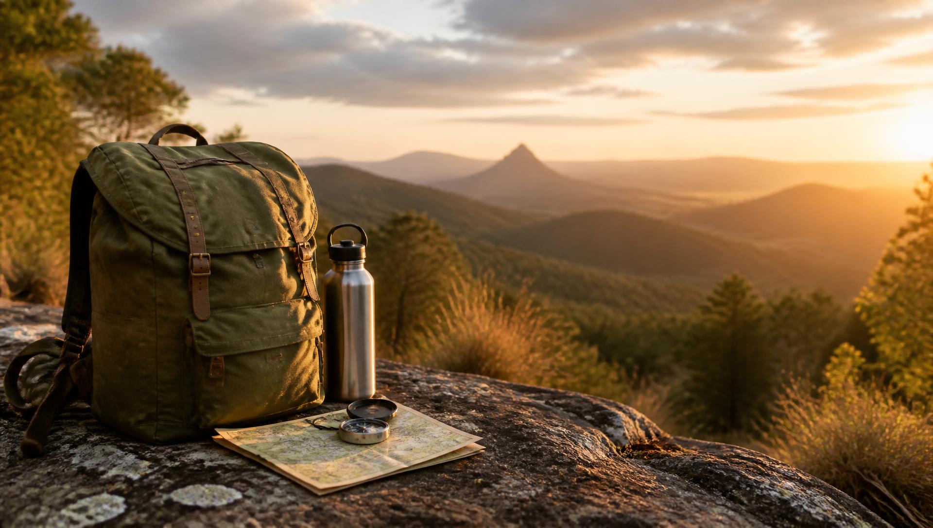 Outdoor adventure gear on a mountain outcrop at sunset